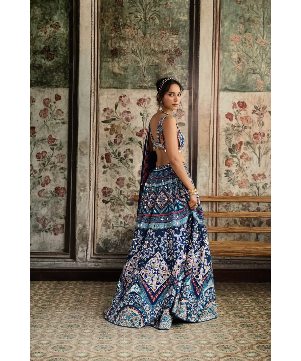 DIYARAJVVIR - Teal Print and Highlighted Lehenga Set